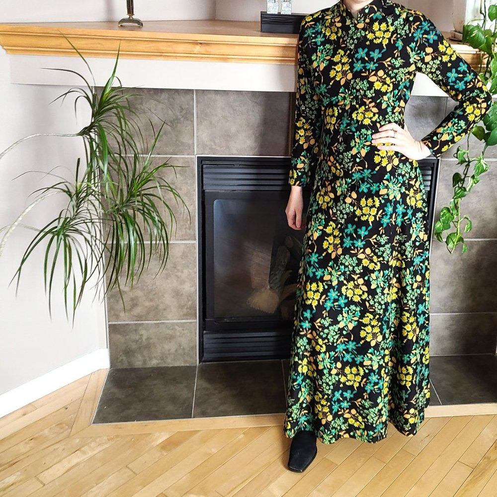 Vintage maxi dark floral dress with long sleeves.
